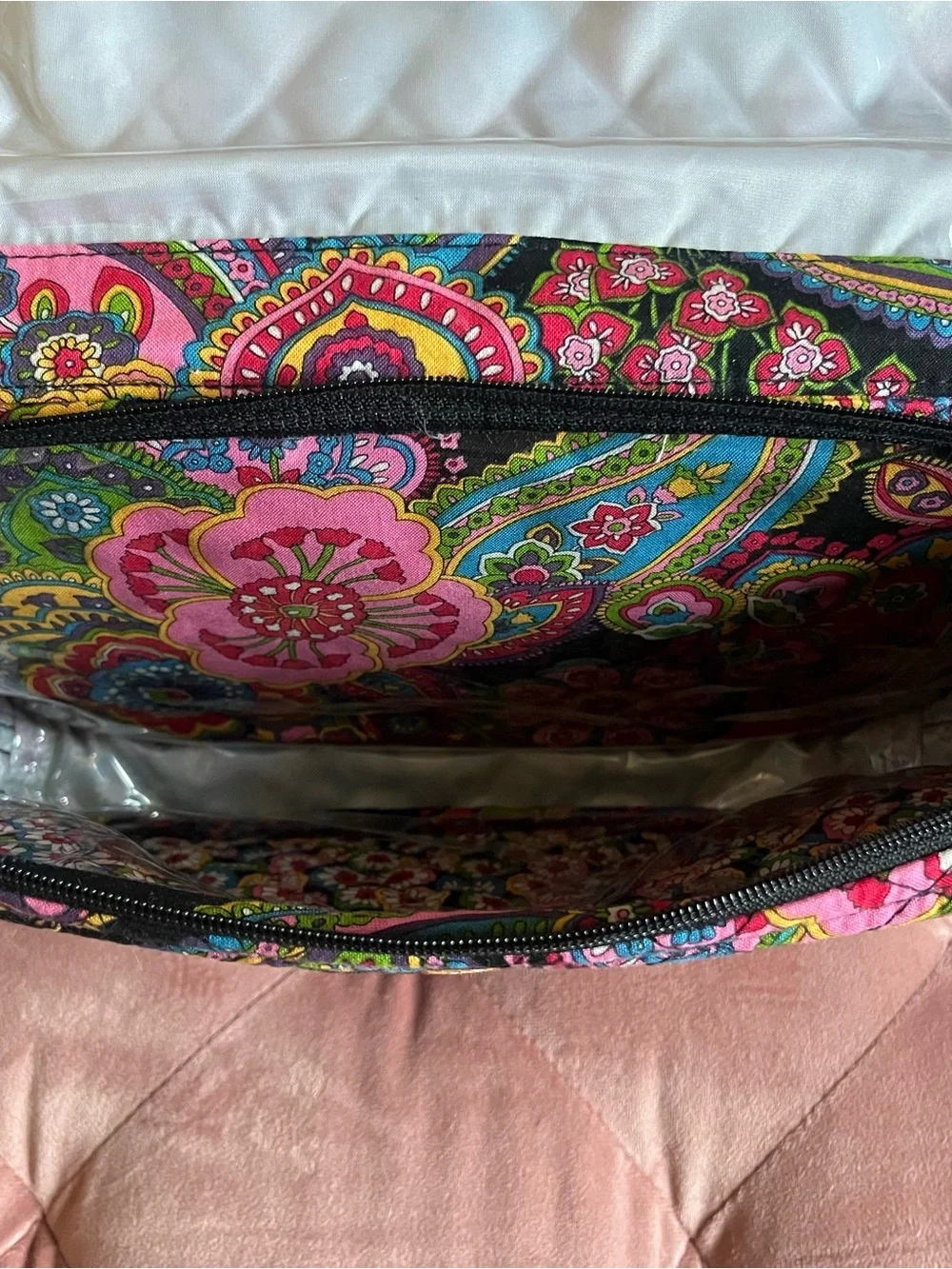 Vera Bradley Black Quilted Cosmetic Organizer with Bright Floral Paisley